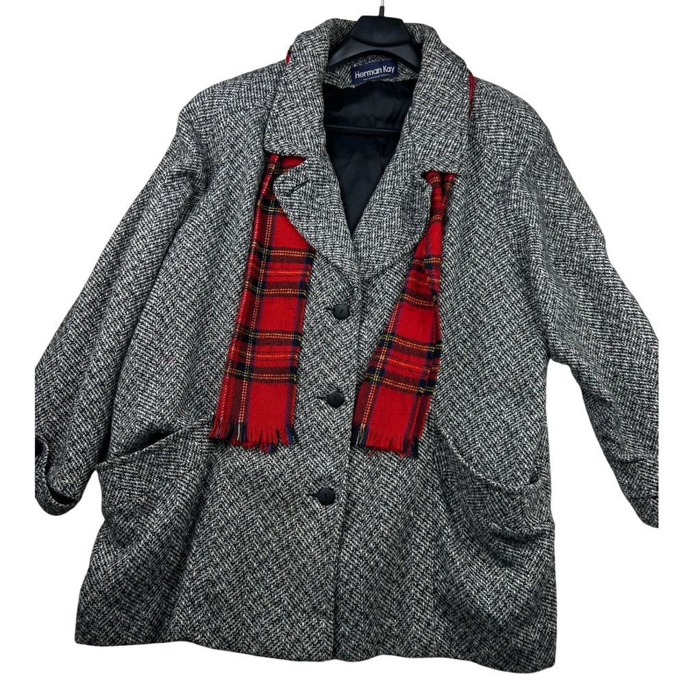 Vintage Herman Kay Wool Blend Coat 16 Gray Herringbone Scarf Dark Academia